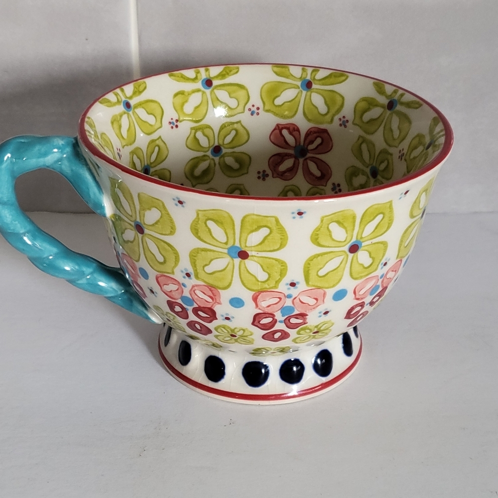 anthropologie Elka Ayaka  Footed Pedestal Coffee mug Twisted Handle Floral Boho